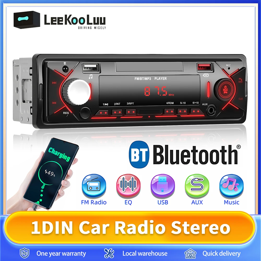 LeeKooluu-Autoradio In Dash, Bluetooth, Stéréo, Appel Mains Libres, Lecteur MP3, Récepteur FM, Entrée AUX, 2 USB, 1 Din