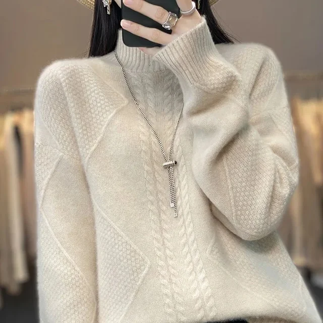 2025 femmes cachemire vêtements Pure laine demi-cou pull pulls tissé décontracté hauts femme automne hiver nouveaux chandails 1