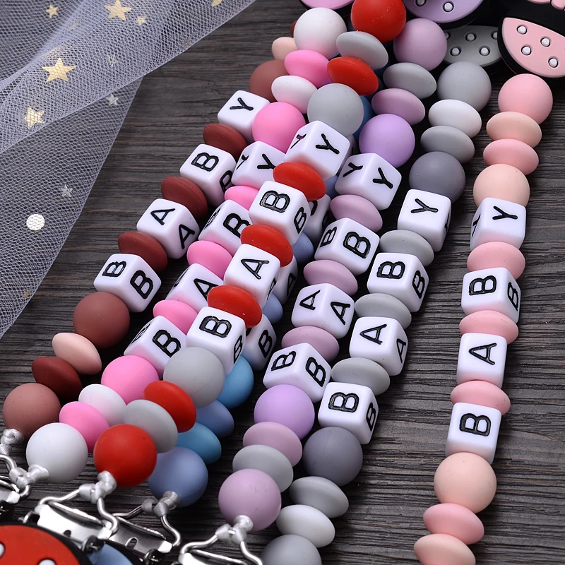 Customized Name Silicone Beads Baby Pacifier Chain Cartoon Dummy Nipple Holder Boy Girl Teether Teething Chain Nursing Chew Gift 5