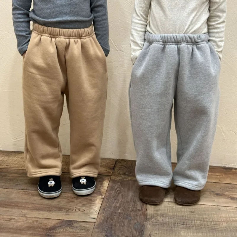 

2023 Winter Kids Lining Fleece sports trousers Girls soid color thicken warm sweatpants Boys straight casual pants