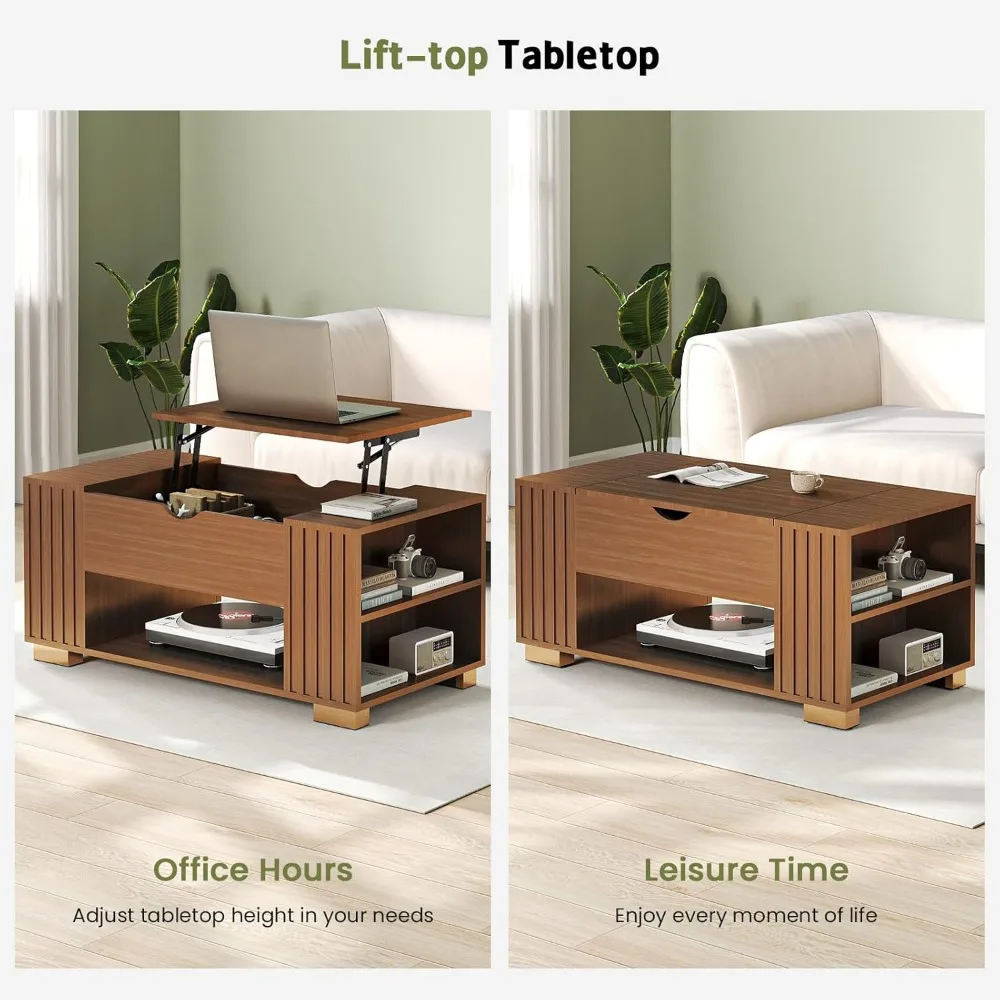 Fluted Lift Top Coffee Table-Wooden Square Coffee Table with Hidden Compartment and Adjustable Storage Shelf,Mid Century Table 3