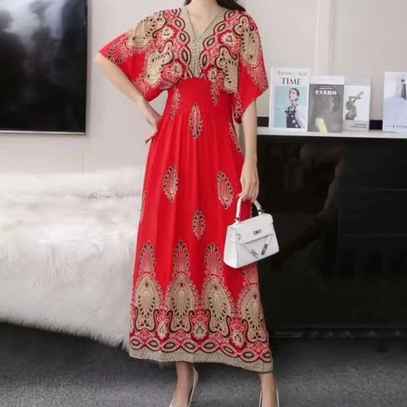 Women Bohemian Ethnic Printed Holiday Dress V-Neck Elastic Waist Casual Batswing Sleeve Mid Dress Elegant Vintage Retro Dress