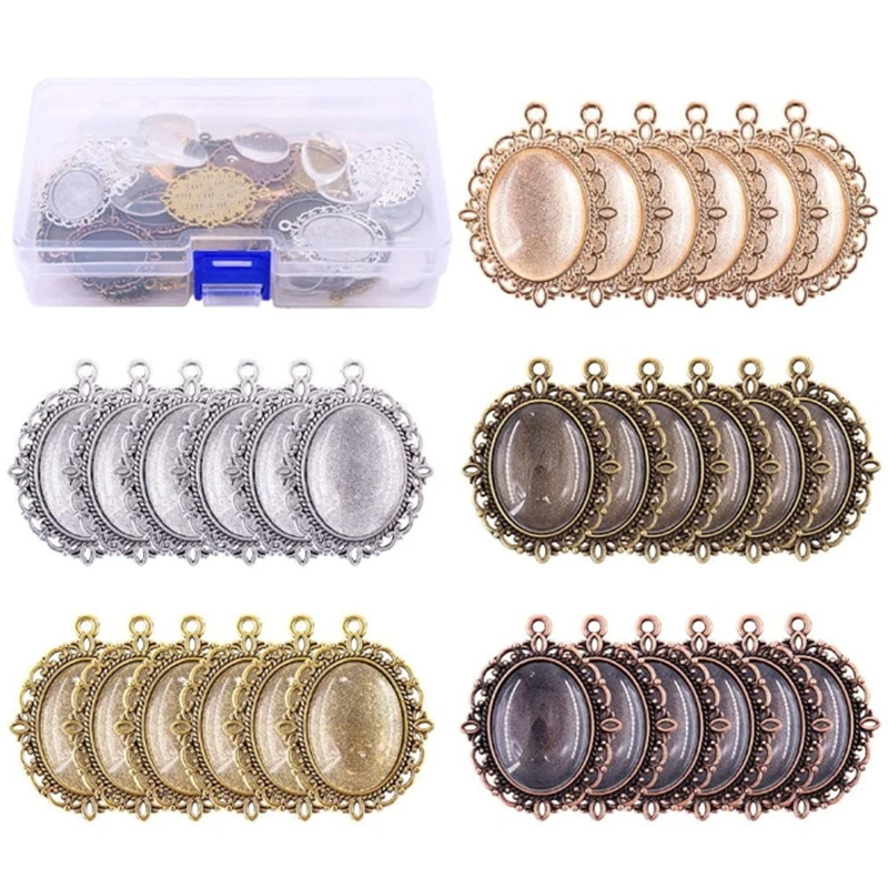 

60 Pcs Pendant Trays Metal Flat Pendant Blank Trays Bezel Oval Base