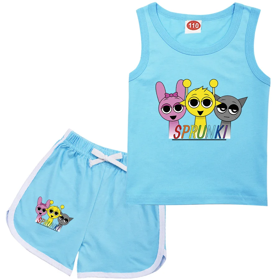 2Pcs Sets Game Sprunki T Shirt for Kids Cartoon Sports Suit for Toddler Boys Short Sleeve Vest and Shorts Summer Clothes kids clothing set kids t shirt kids sports suit children sports suit