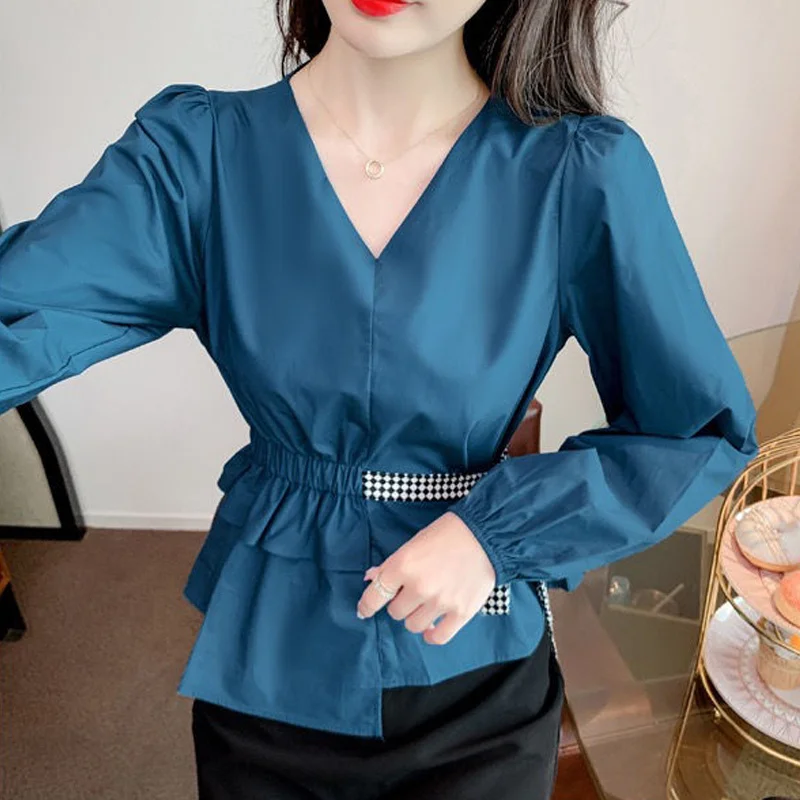 Elegant Chic Ruffle Lace Up Asymmetrical Office Ladies Tops Autumn Fashion V Neck Long Sleeve Slim Tunic Blue White Blouse Shirt