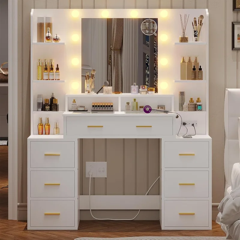 

Vanity Desk with Lights, Mirror, Charging Station - Black Wood Grain