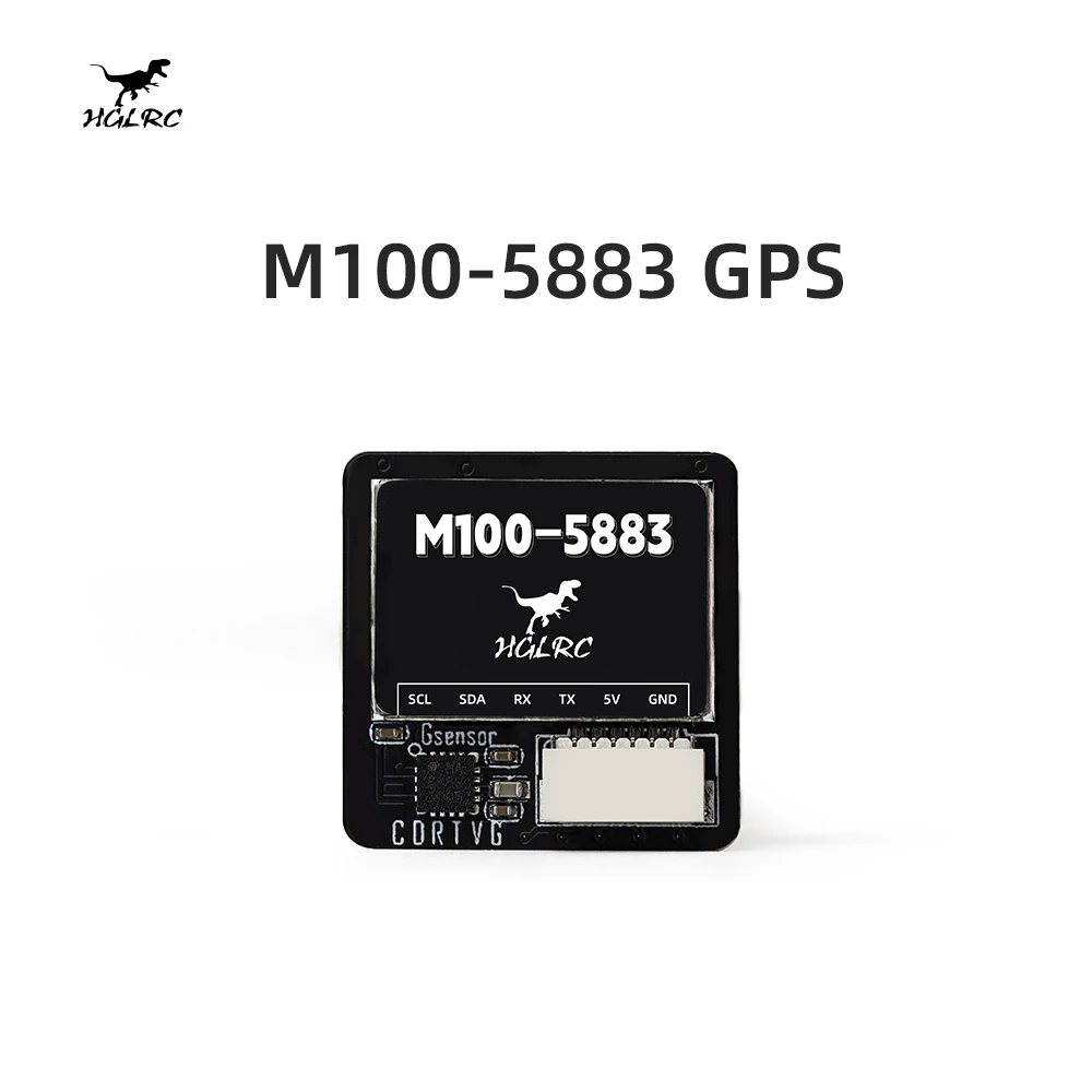 Vue de dessus du module GPS HGLRC M100-5883 avec boussole pour drone FPV, connecteurs et câbles visibles.