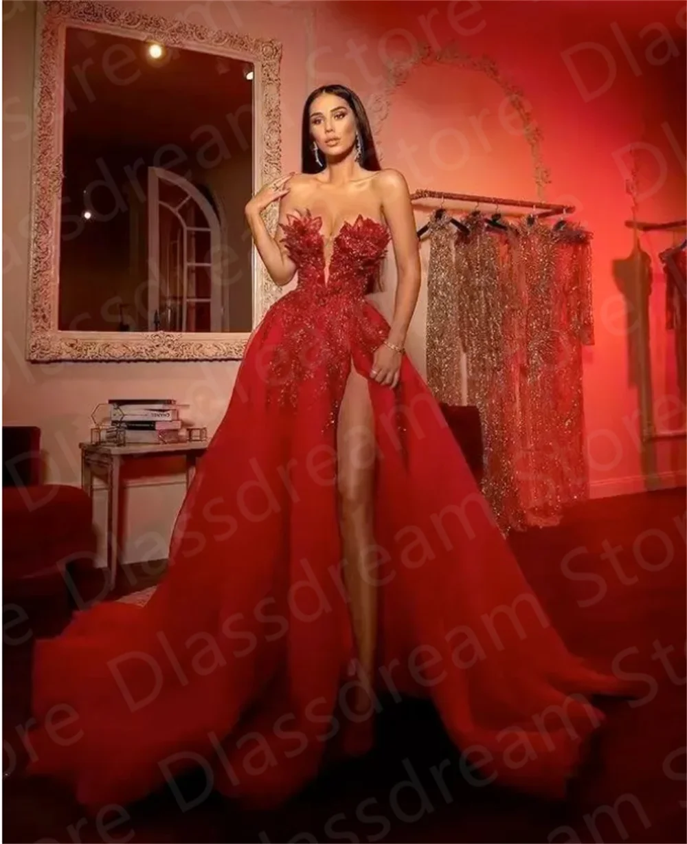 Gorgeous Red Lace Stylish Luxurious Prom Dresses Beaded Crystals Sexy Evening Formal Party Dresses فساتين للحفلات الراقصة