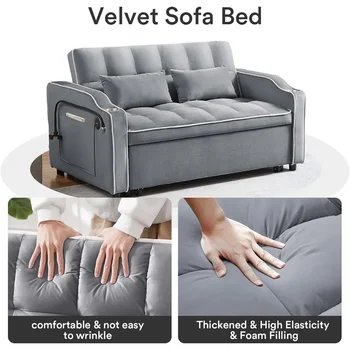 Sofa with 2, seats3 in 1 Convertible Sleeper Sofa, Velvet Pull Out Couch Futon, Living Room Furniture 6