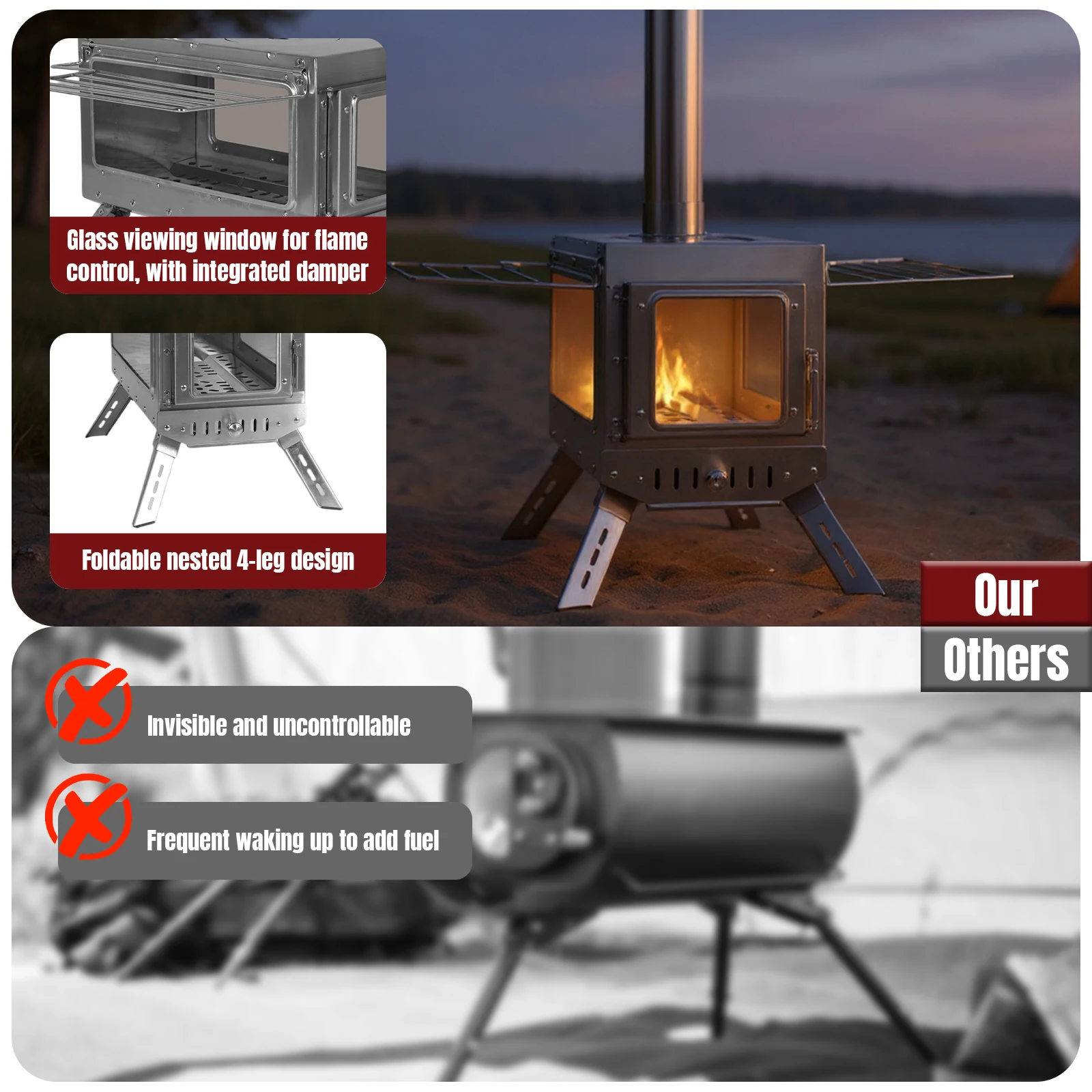Large Tent Heating Stove with Chimney Pipe Stainless Steel Firebox Rust Proof Portable Wood Burning Stove for Outdoor Camping