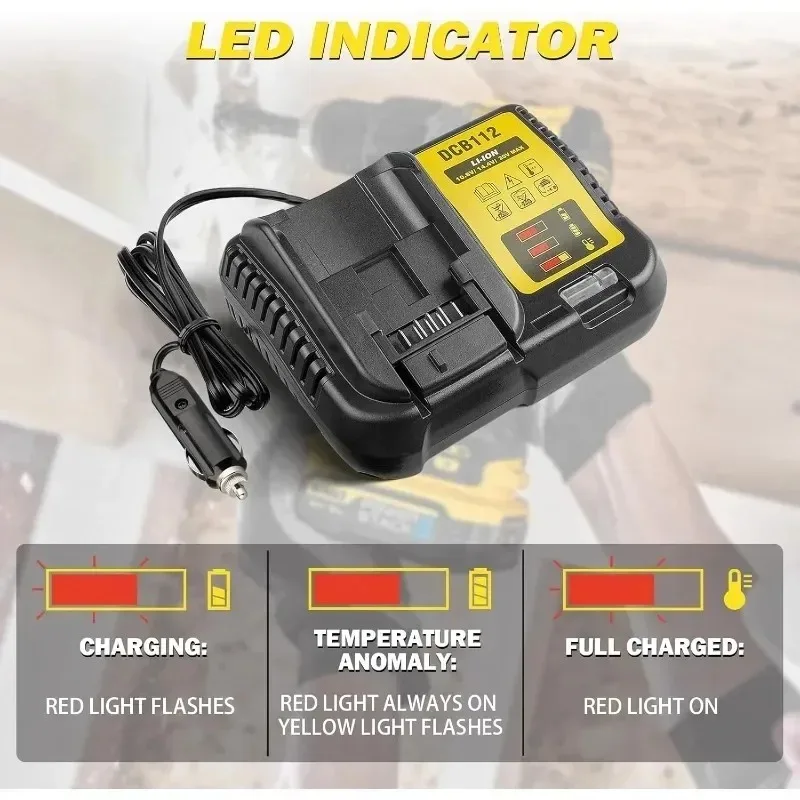 DeWalt 12V/20V 리튬 이온 배터리용 휴대용 DCB112 차량용 충전기, DCB200 DCB612용 시가 라이터 플러그 LED 표시등 포함