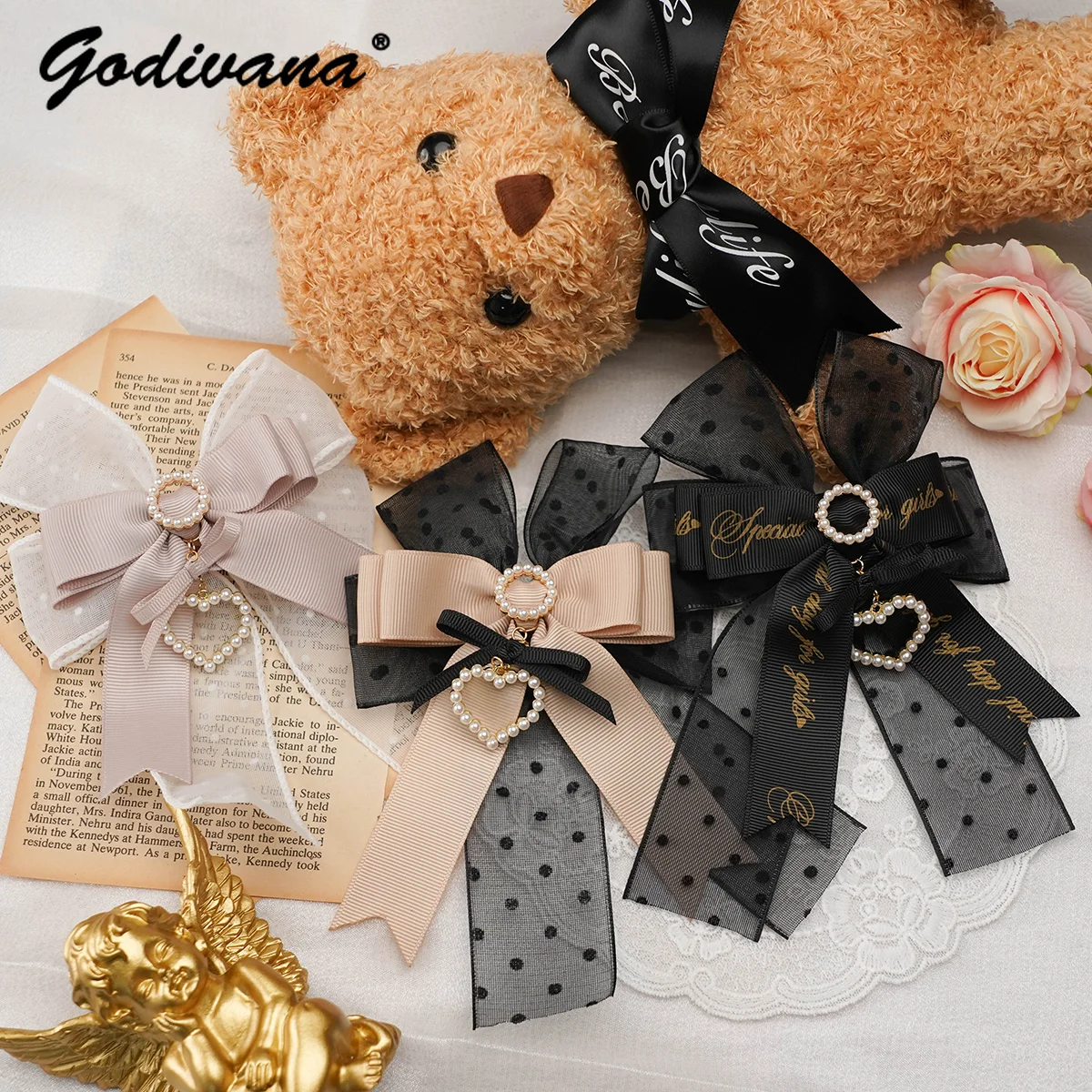 Japanese Liz Dot Yarn Double Layers Love Heart Hairclips Sweet Girls Mass-Produced Barrettes Side Clip Black Pink Mine Hairpin 10pcs love wing wooden clips kawaii memo clip pink heart paper clips for message photo notes letter decor clip for school gifts