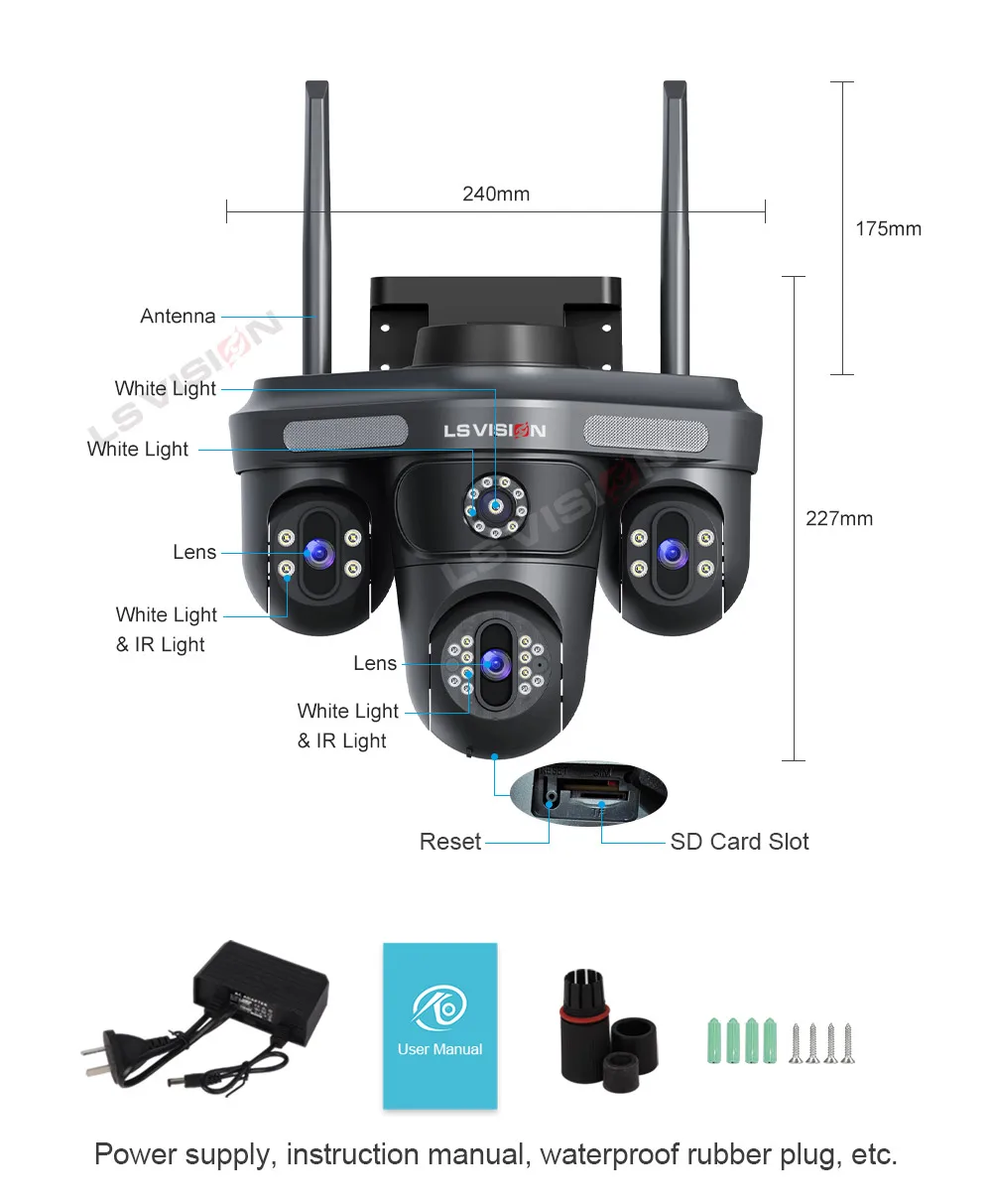 15MP WiFi Security Camera Three Screens Outdoor IP Camera Three PTZ 2-Way Audio