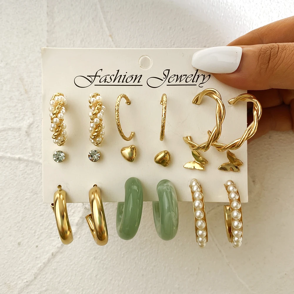 Fashion Colorful Resin Earrings Set Pearl Hoop Metal Earrings Silver Color For Women Circle Earring Set Party Jewelry