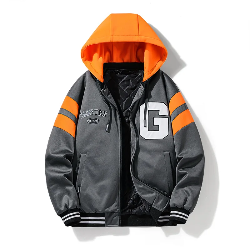 Mens Fashion Colorblock Detachable Hooded Jackets Autumn and Winter Loose Plus Size Padded Baseball Jacket korean style clothes