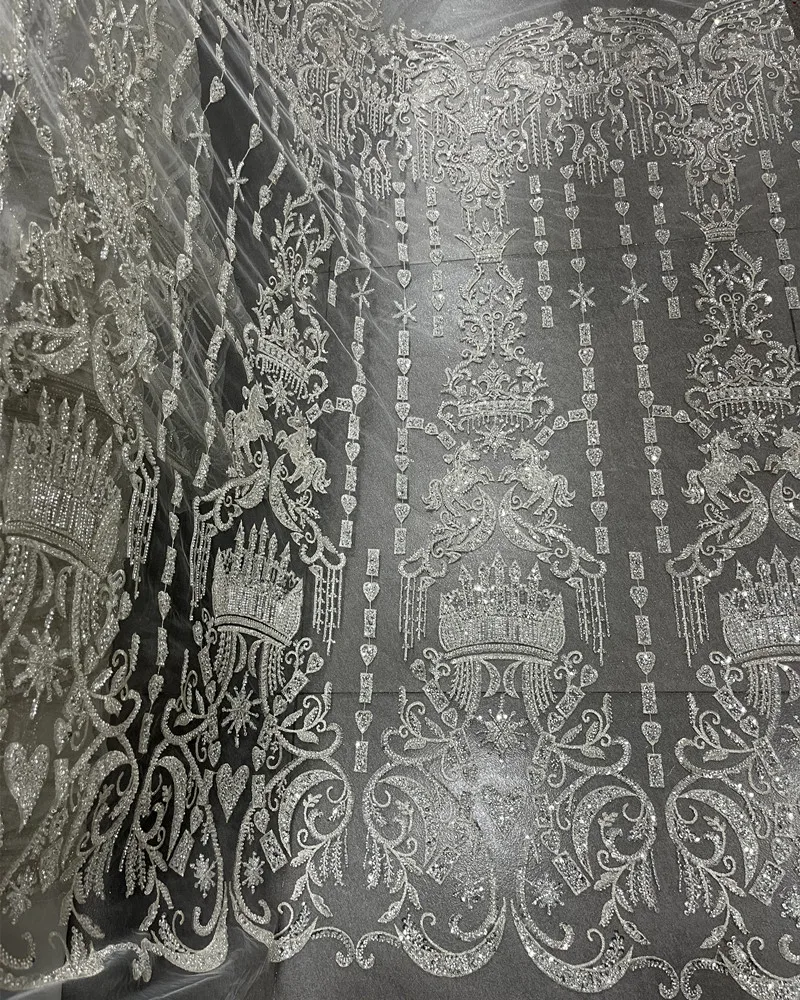 

Роскошная кружевная ткань в Королевском Стиле с 3D блестками и вышивкой в виде короны с аппликацией для свадебного платья