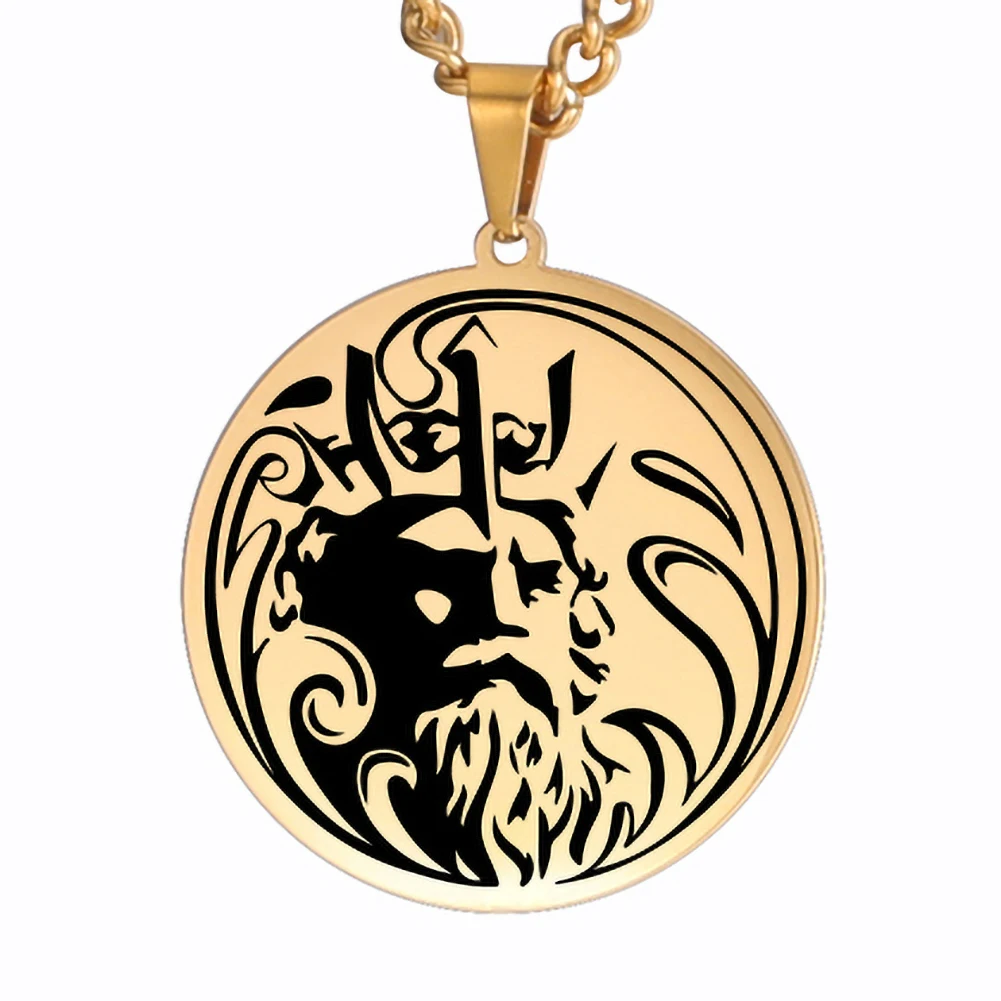 Pendentif Poséidon doré avec trident et vagues