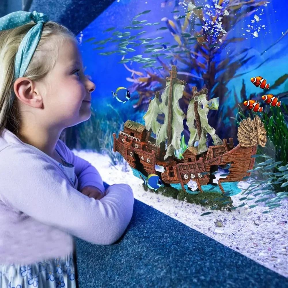 Two-piece pirate ship ornament in tank