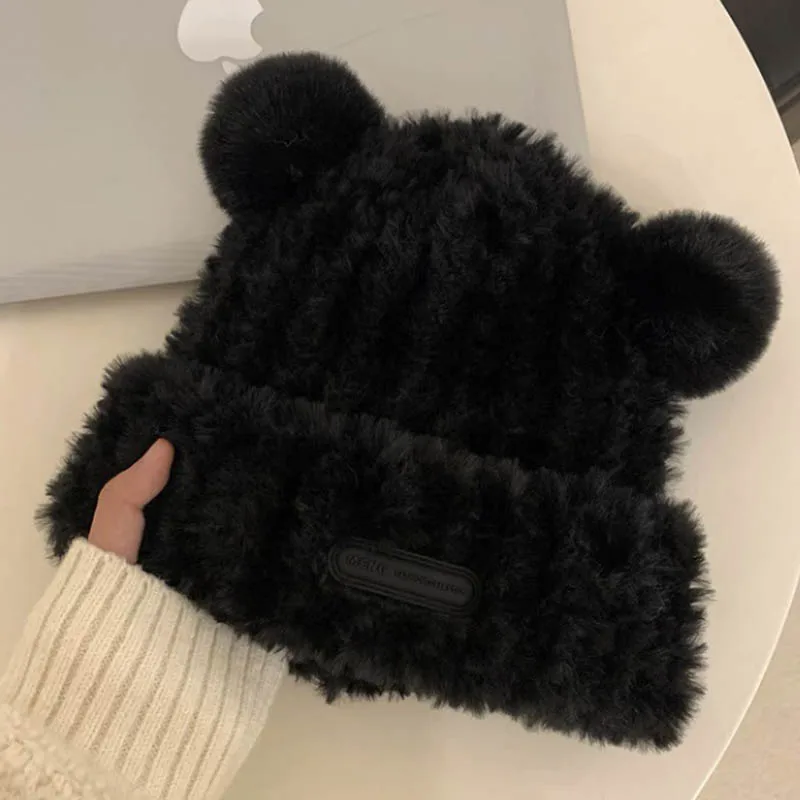 

Autumn and Winter New Little Bear Ears Plush Knitted Hat skullies beanies men Large Size Warm Pullover Hat bonnet for women