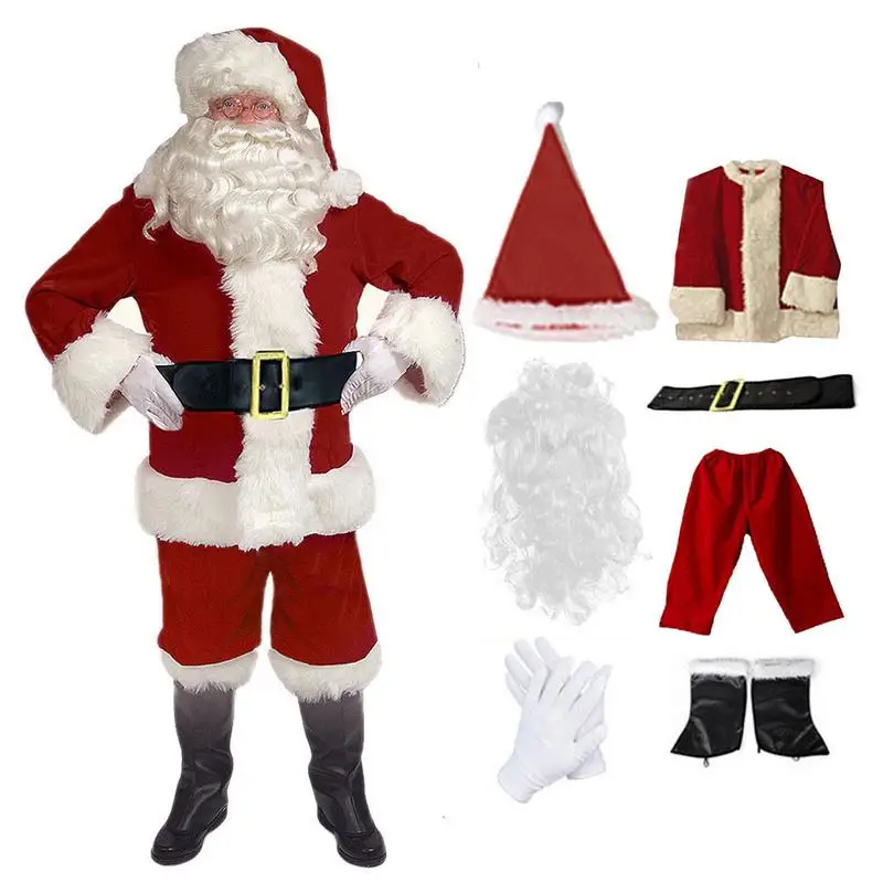 

7Pcs Santa Claus Costume Christmas Complete Dress-Up Outfit For Adult Santa Suit With Hat Men Cosplay Costumes