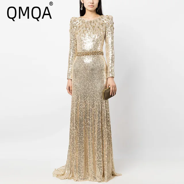 QMQA mode femmes robe de soirée de luxe perle diamant épissé or paillettes taille haute élégante robe Maxi 2025 nouveaux vêtements QM601 1