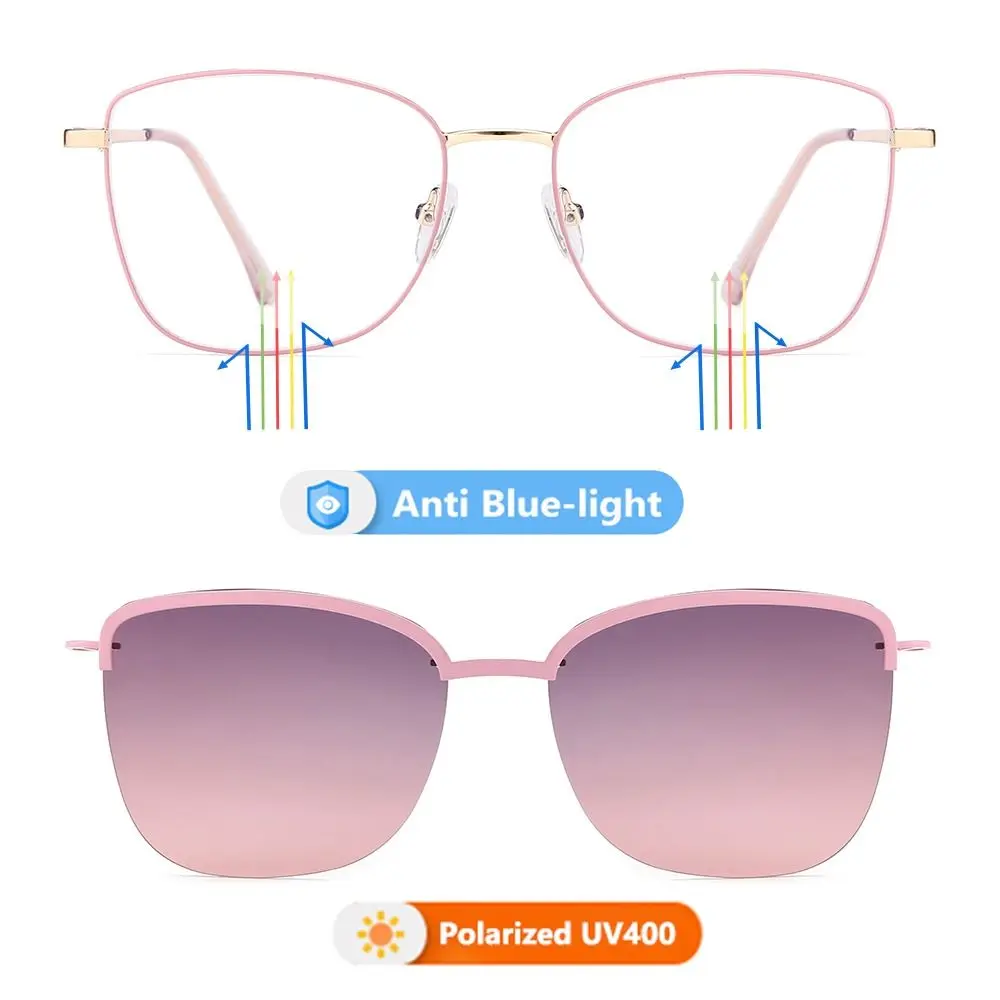 New Fashion 3 In-1 Glasses, Trendy Metal Frame Anti Blue Light Glasses with 1Pc Magnetic Polarized Clip-On Sunglasses Lenses