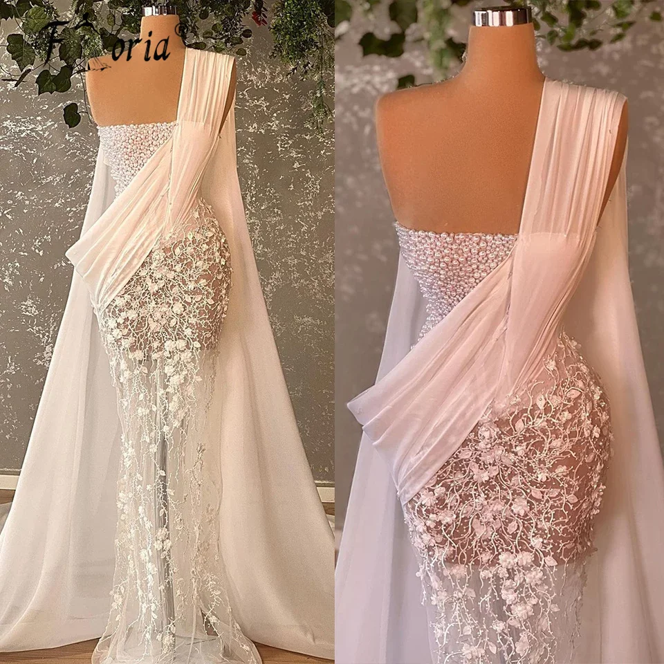 

Elegant Pearls Evening Dresses With Shawl One Shoulder Beading Formal Celebrity Dress Illusion Prom Party Gowns Robe De Soiree