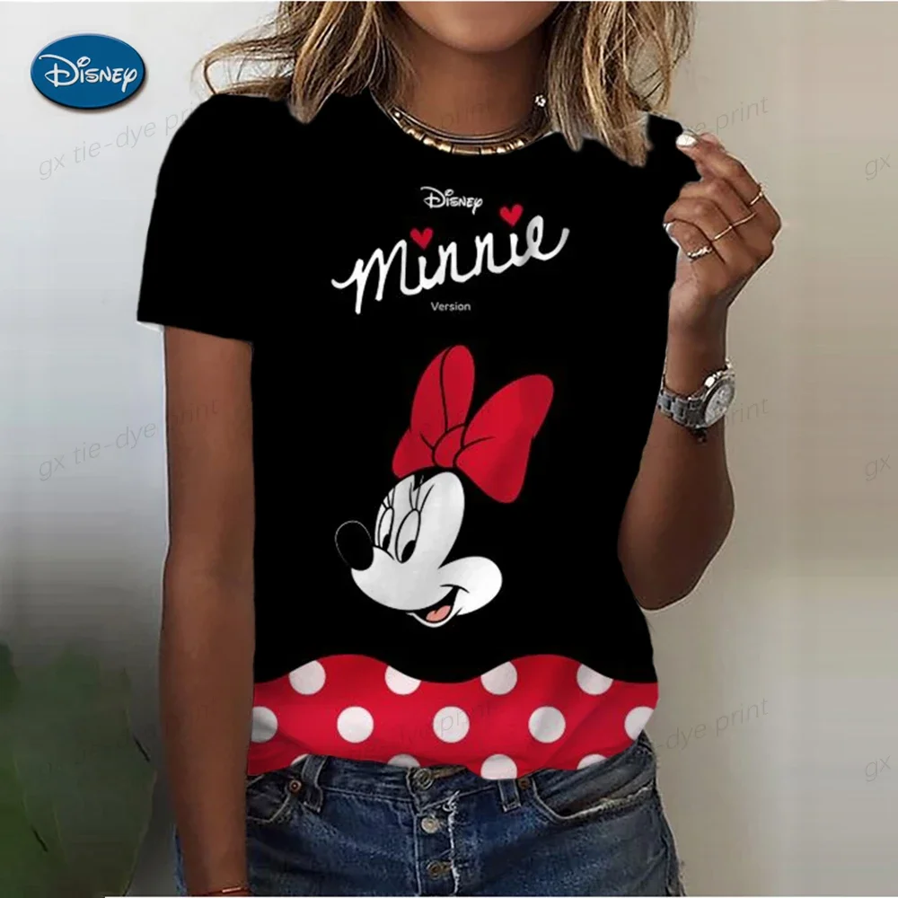 

2024 New Summer Women Disney Minnie Mickey Print T Shirt Street Casual Loose T Shirts Ladies O-Neck Cartoon Print Tee Top