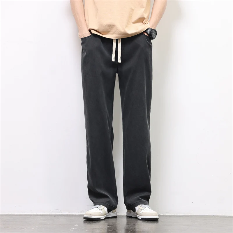 Summer Men Soft Lyocell Fabric Trousers Thin Baggy Straight Wide Leg Pants Drawstring Elastic Waist Korea Jogger Casual Pant