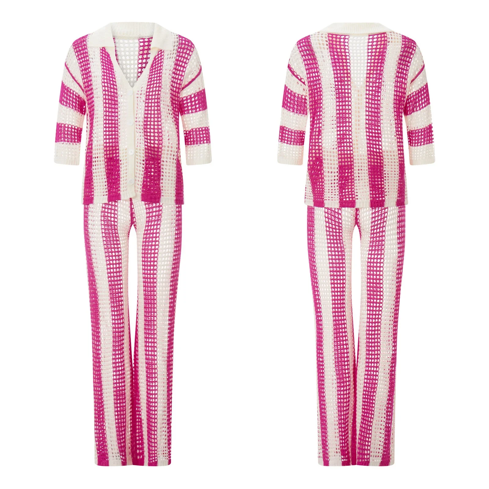 Customizable V-neck hollow striped shirt loose knit wide leg pants set WTZ410120 6