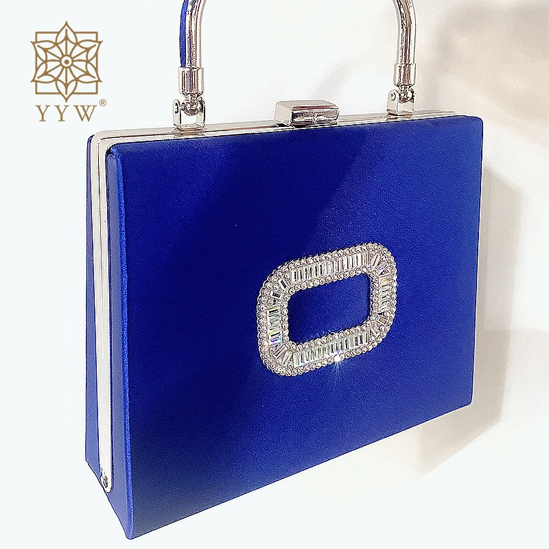 Royal Blue Clutch Bag Women Luxury Rhinestone Box Shape Top Handle