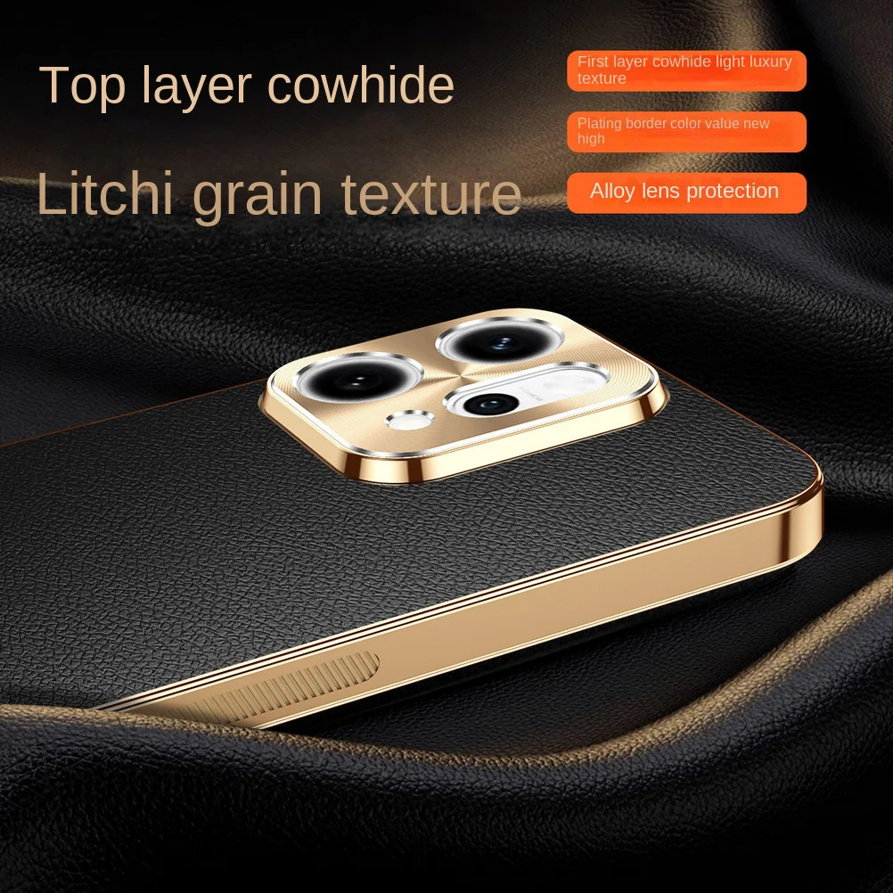 Cowhide Lychee Texture Electroplated Frame Case with Lens Protection