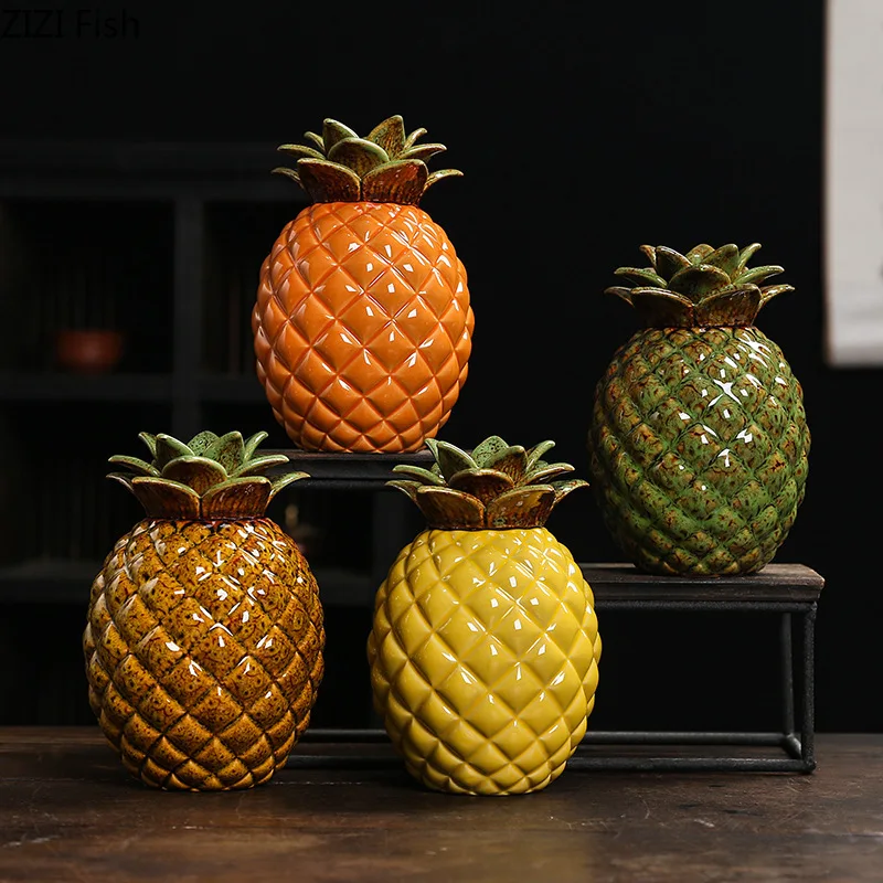 Tea Tin Box Tea Canister Ceramic Storage Jar Chinese Pineapple Tea Can Ceramic Tea Storage Can Creative Sealed Office Home Candy Storage Decoration Friend Gift