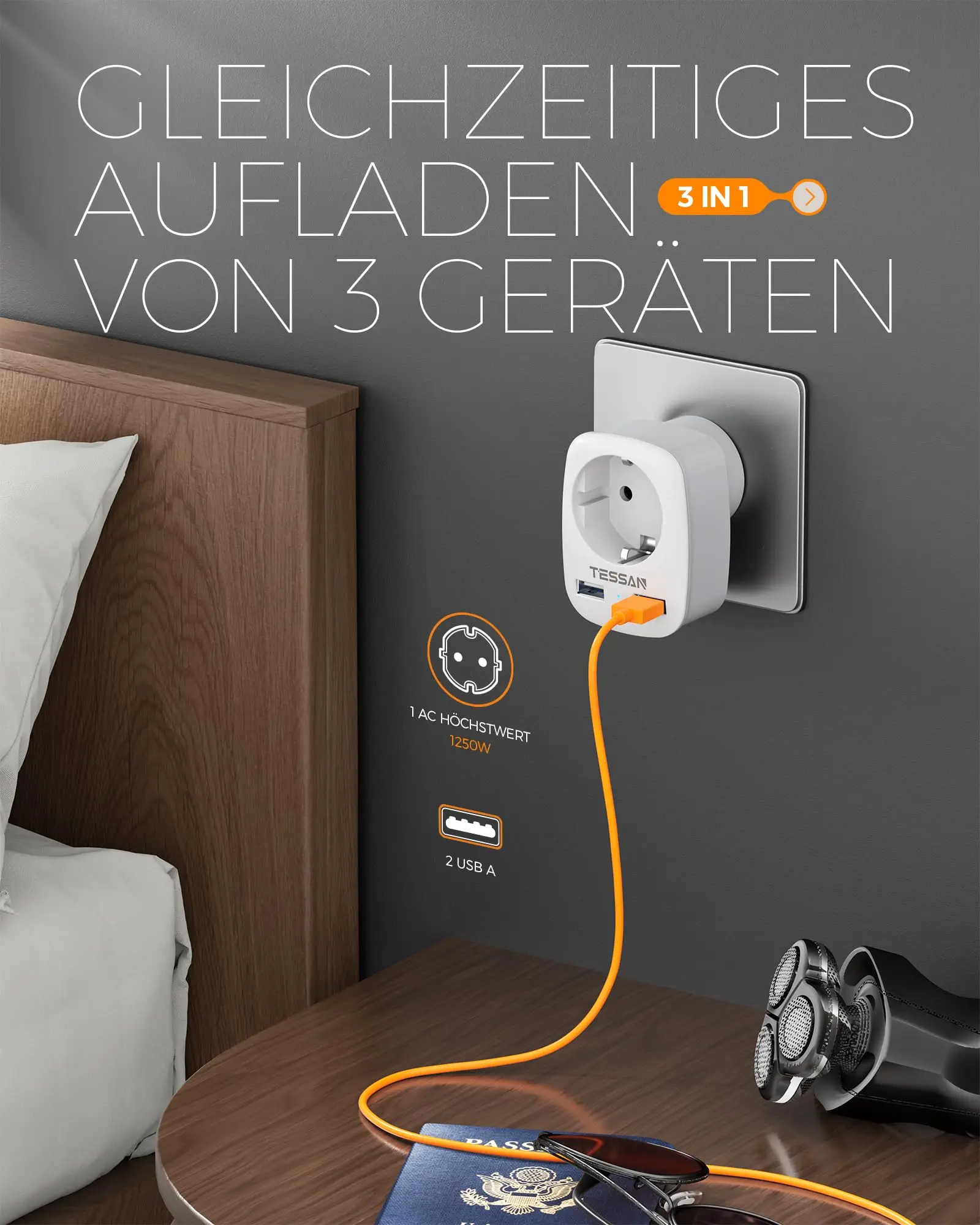 Power Plug Adapter TESSAN Travel Adapter USA America Europe Plug 2 USB 2.4A Socket for Canada Mexico