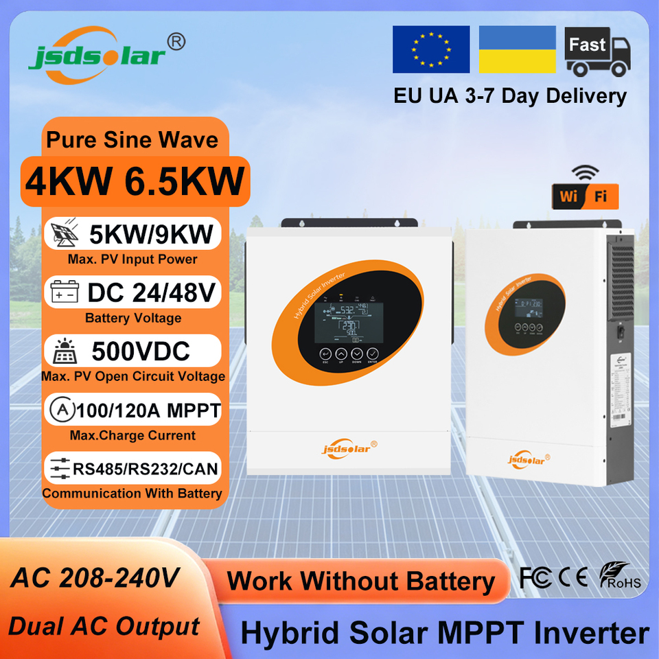 Jsdsolar 6.5KW 4KW Hybrid Solar Inverter 48V 24V 230V Off Grid Photovoltaic Inverter MPPT 120A 100A Solar Charger Pure Sine Wave PV 500VDC With WiFi RS232 RS485 CAN