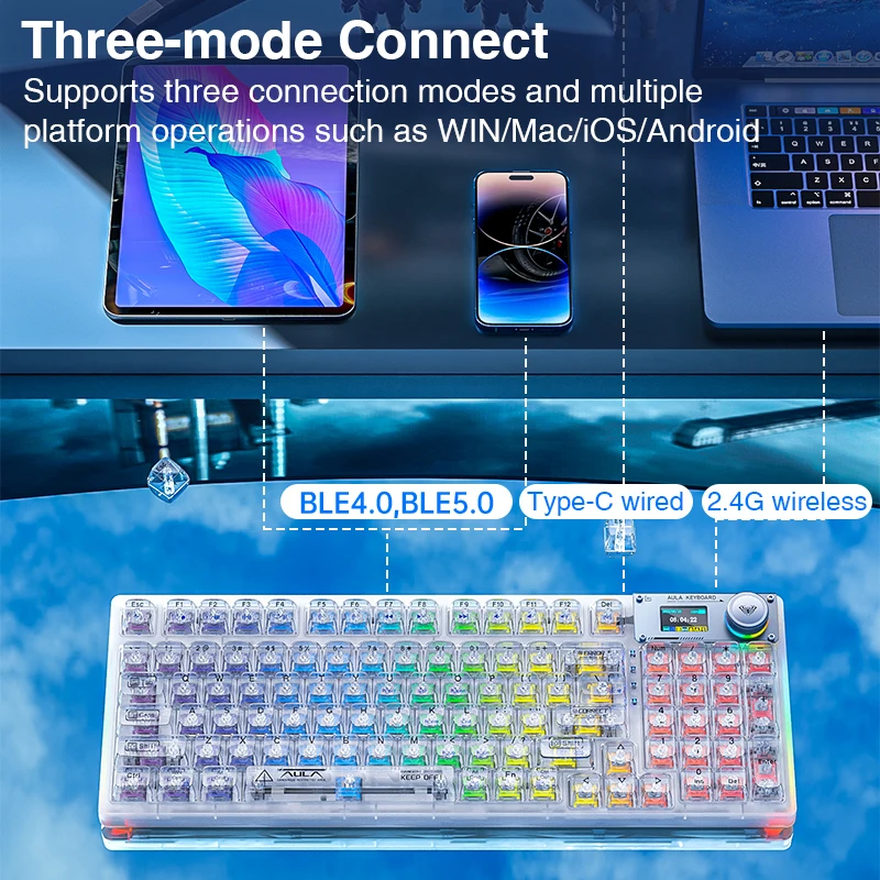 ワイヤレスメカニカルゲーム用キーボードAULA-F98PRO,Bluetooth,ホット 
