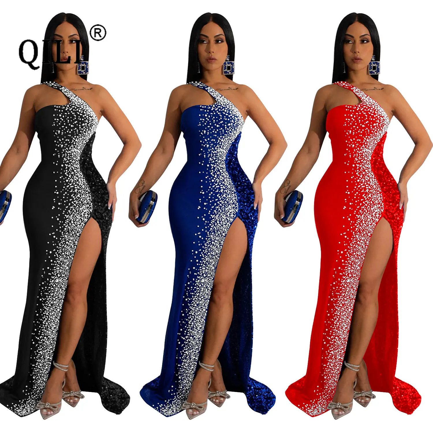 Lue's House One Shoulder Rhinestone and Sequins Sexy High Split Long Dress Elegant Party Dresses for Women's Robe Blue Black Red - Image 1