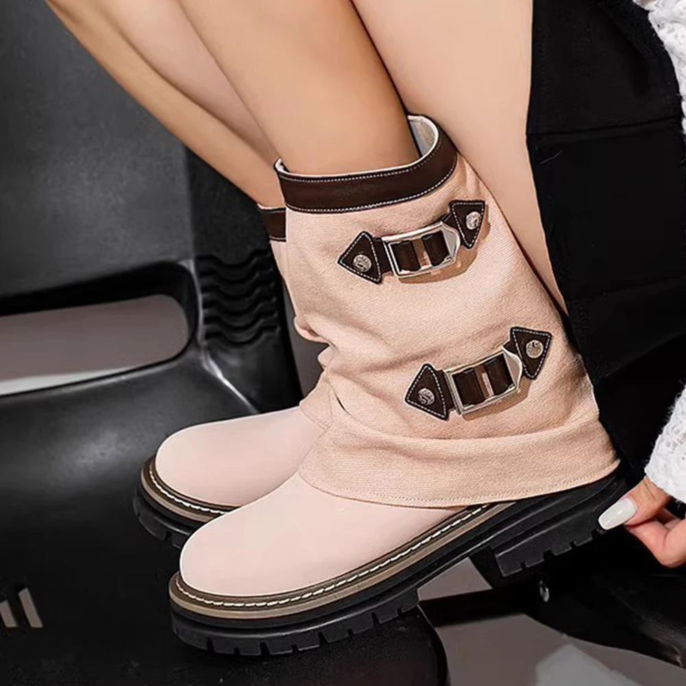 

RIBETRINI 2023 Brand New High Square Heeled Women Pants Boots Round Toed Western Cowgirls Metal Buckle Slouch Pleated Booties