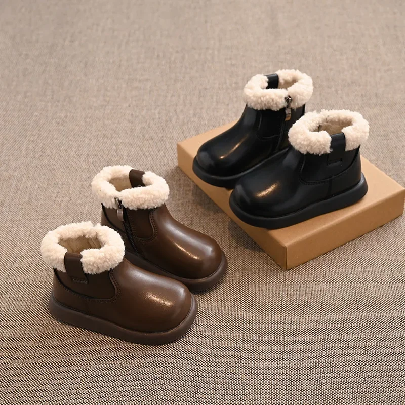 Kids Short Boots with Fur Soft Sole Non-slip Girls Princess Shoes with Side Zip 2025 Winter New Fashion Children Ankle Boot Warm