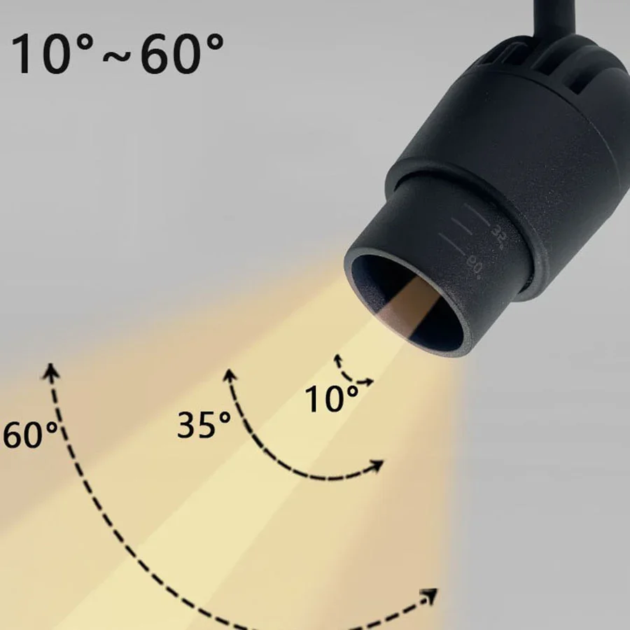 초점 LED 트랙 램프 스포트라이트, 줌 가능한 천장 다운라이트, 10 °  60 ° 조정 가능한 트랙 레일 램프, 카페 매장 레스토랑 장