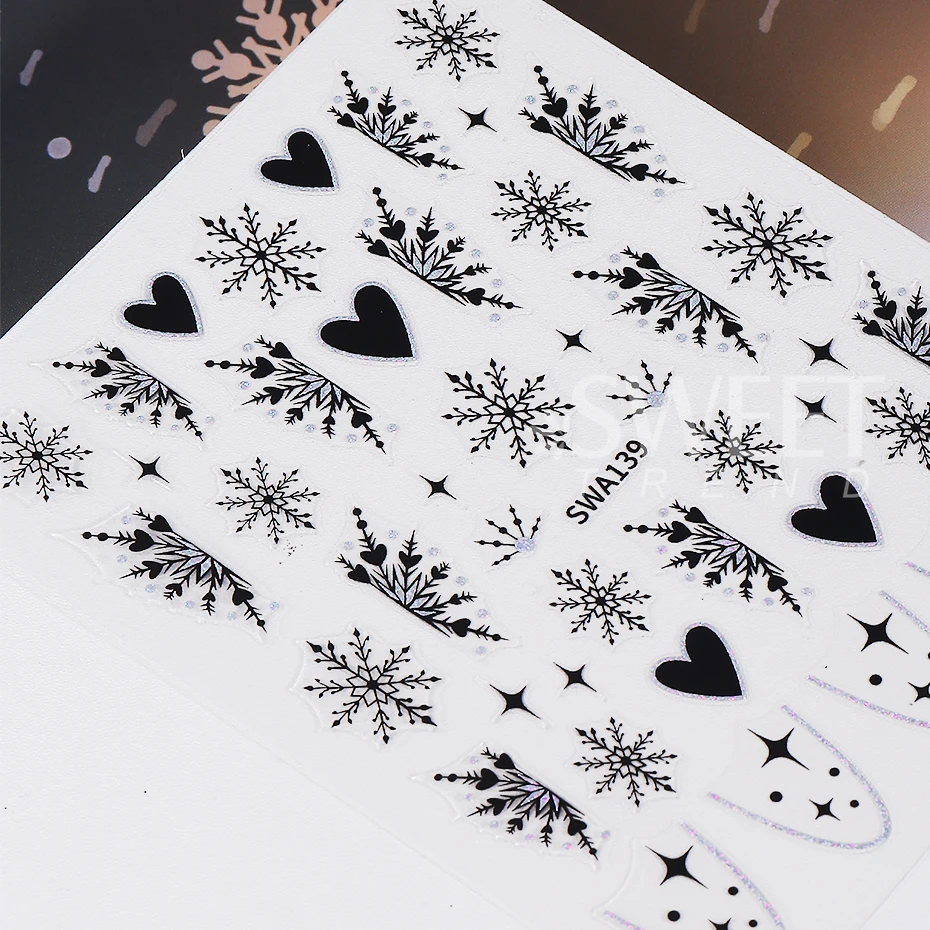 2pcs Black White Snowflake Nail Stickers 3D Love Heart French Star Design Nail Slider Decals DIY Christmas Manicure Decoration