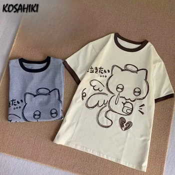 2026 Summer Kawaii Cute Cartoon Print Tshirt Japanese Patchwork Women Casual Loose Tops Y2k Aesthetic Contrast Color Grunge Tees 1