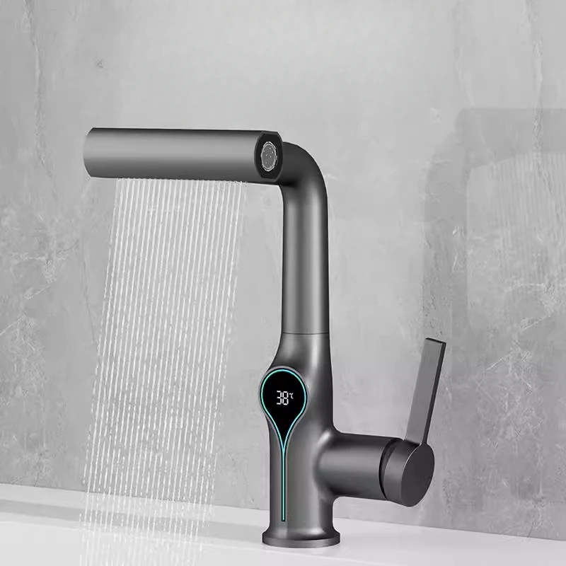 Full copper faucet pullout bathroom faucet lifting washbasin digital display smart pull-out rotating anti-splash water basin tap 1