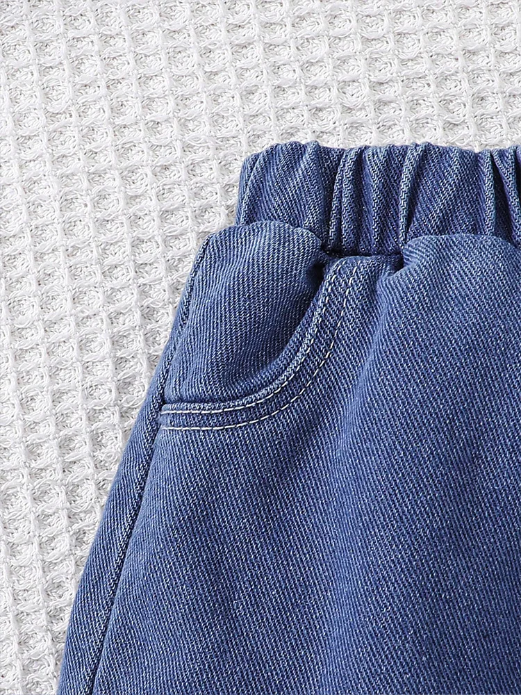 New Baby Boy Clothes Set Children's Summer Breathe Blue Round Neck T-shirt Fashion Raw Edge Denim Shorts Kid Casual Clothes