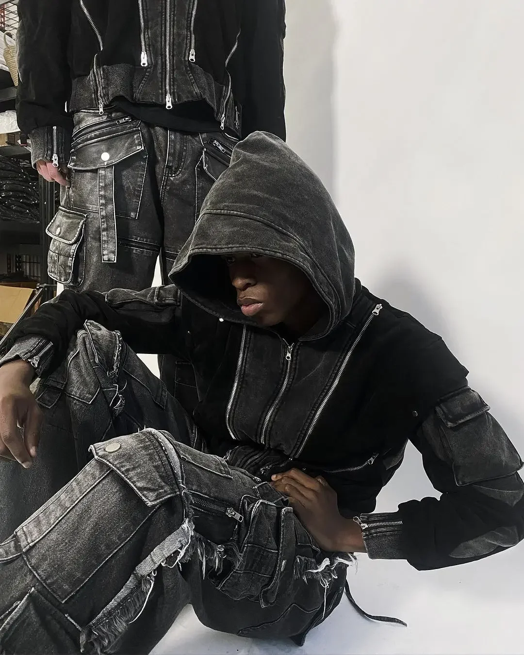Y2K Harajuku Multi Pocket Washed Black Jeans Men Gothic Autumn Loose Drag Pants Street Hip-hop Rap 90s Hottie Wide-leg Pants 2
