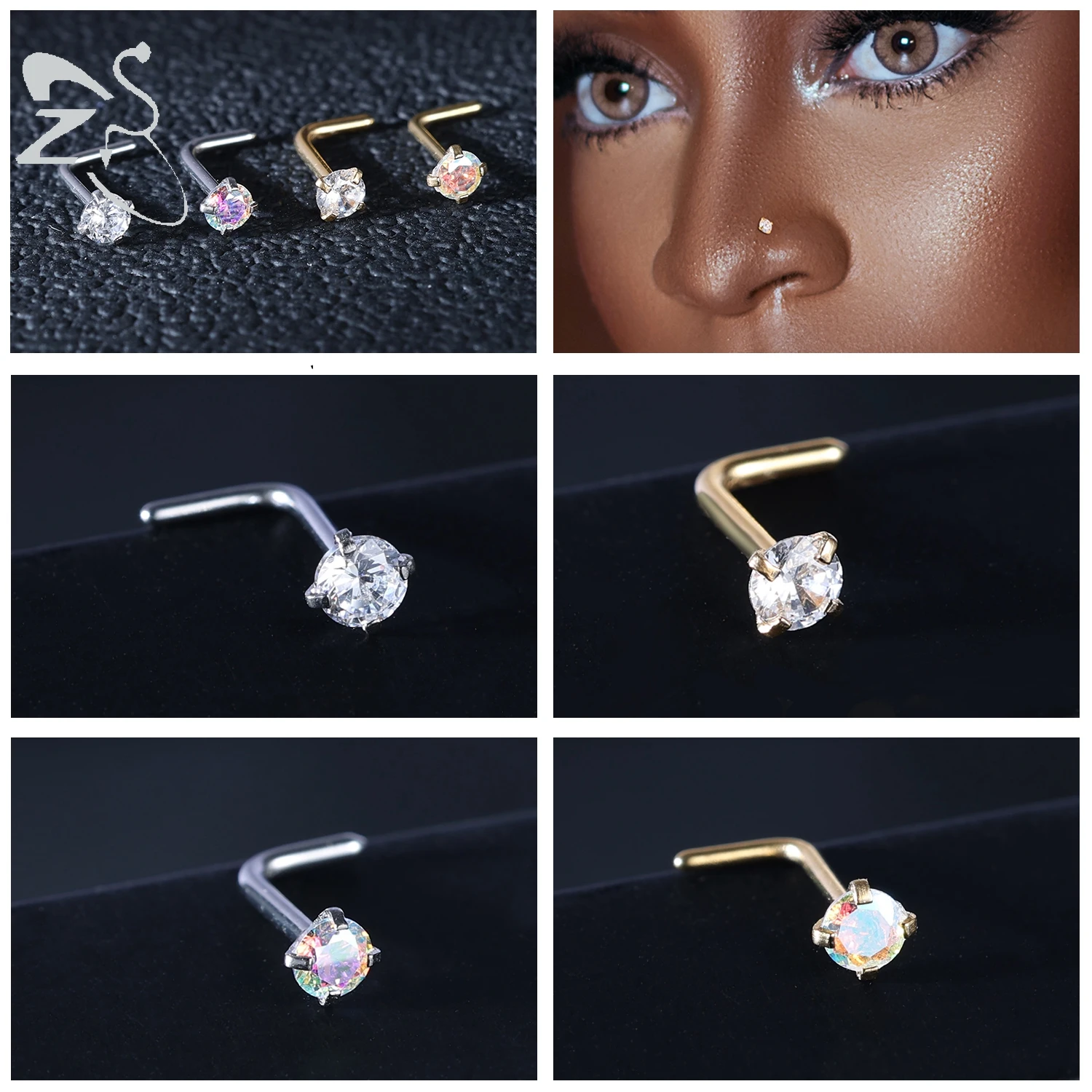 ZS 3-4 Teile/los Gold Farbe Edelstahl Nase Stud Set Herz Stern Runde Kristall Nase Piercing L Form nasenloch Piercing 18g/20g – Detail 7
