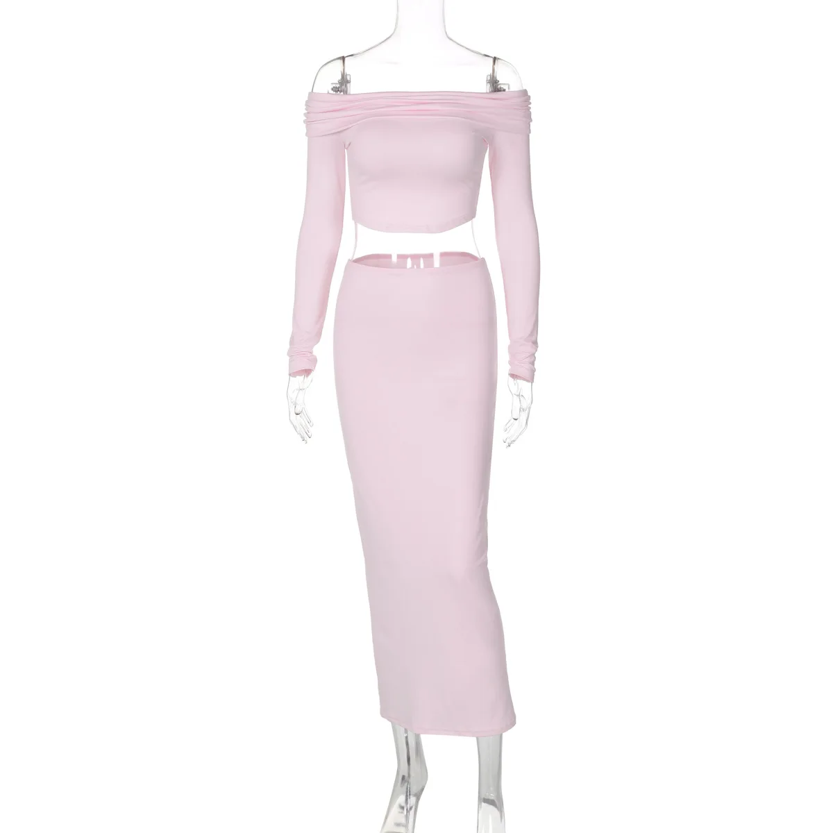 Casual Off-Shoulder 2 Piece-Set Maxi Skirt For Women Patchwork Long Sleeve Pullover Top And Long Skirt Sets Female Outfits