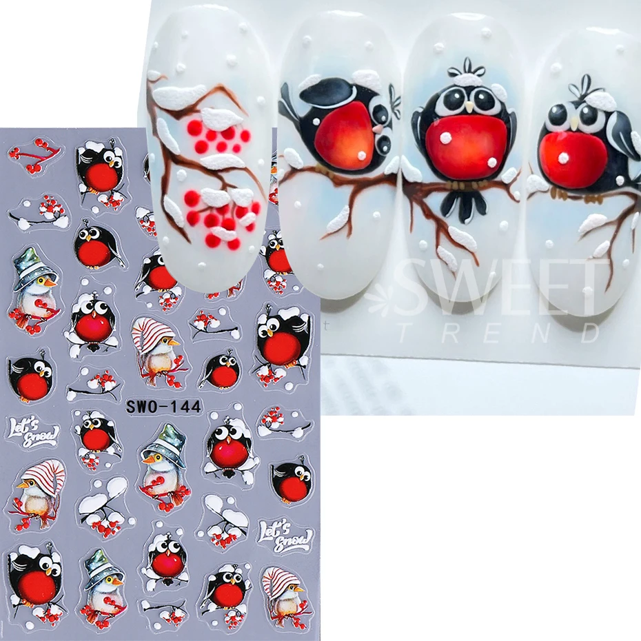 2pcs Christmas Embossed 3D Nail Stickers Cute Robin Bird Snowflake Holly Xmas Tree Adhesive Nail Decals DIY Manicure Decoration