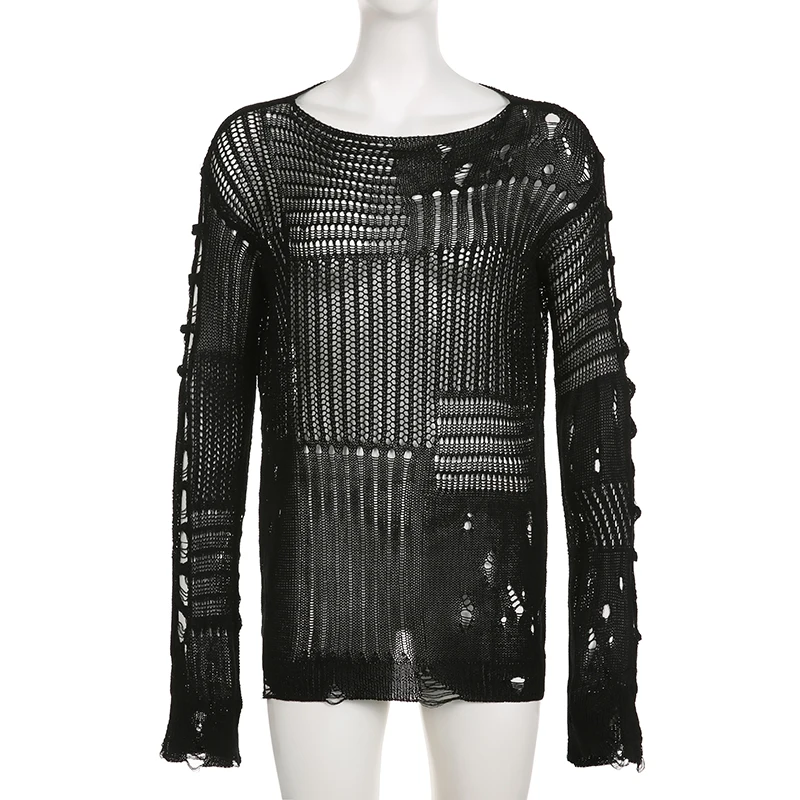 Ripped Women Full Length Pullovers Knitting Loose Casual Beggar Style Hollow Out Lady T-shirt Harajuku Streetwear Y2K