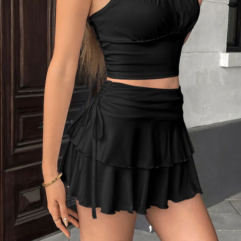 2026 New Women's Summer Mini Skirt Solid Color Versatile High Waist Slim Fit Short Skirts Lace-Up Ruffles A-Line Pleated Skirts